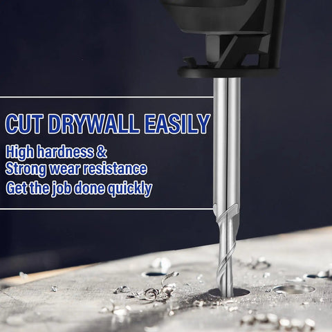 Close-up of Pack Of 10 Drywall Router Bits Three Sixteenth Inch Shank M2 High Speed Steel Cutting Bits in action on drywall.