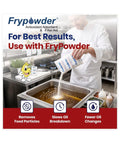 Chef using Frypowder with heavy-duty fryer oil for enhanced filtering and better frying results in commercial kitchen.
