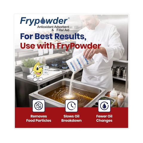 Chef using Frypowder with heavy-duty fryer oil for enhanced filtering and better frying results in commercial kitchen.