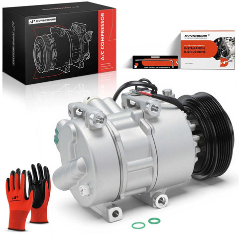 Heavy Duty AC Compressor With Clutch For Hyundai Tucson And Kia Sportage Oil Prefilled Six Groove Pulley with installation gloves.