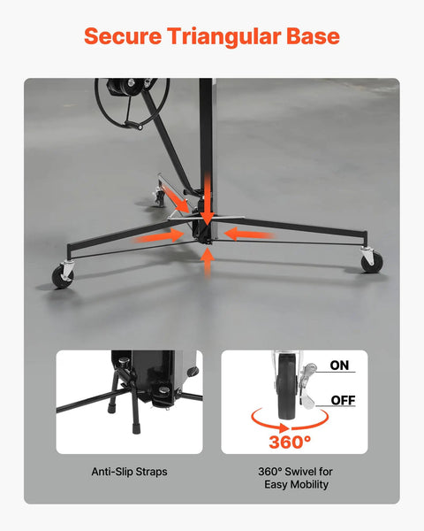 VEVOR 11ft Drywall Lift Heavy Duty 150 Lbs Sheetrock Hoist secure triangular base with lockable wheels and anti-slip straps.