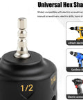 Universal hex shank for Heavy Duty Nut Driver Drill Attachment For Smashing Through Rusted Bolts And Rapid Stripped Nut Extraction Compatible With Standard Impact Drills.