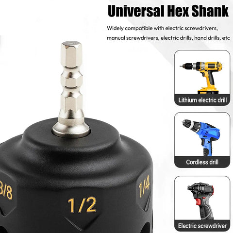 Universal hex shank for Heavy Duty Nut Driver Drill Attachment For Smashing Through Rusted Bolts And Rapid Stripped Nut Extraction Compatible With Standard Impact Drills.