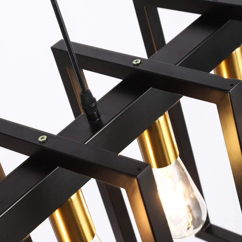 Close-up of Six Light Kitchen Island Pendant Chandelier in Industrial Style Matte Black with Antique Brass Finish