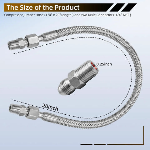 Top Notch Twenty Inch Stainless Steel Braided Air Compressor Jumper Hose Features One Quarter Inch Npt Male Fittings That Handle Four Hundred Fifty Psi Plus Extreme Heat For Heavy Duty Shop Projects Without Breaking A Sweat showing hose length and male connectors.