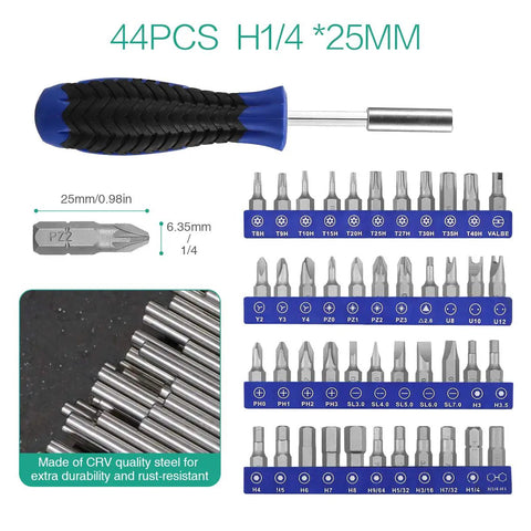 44-piece screwdriver set with CRV steel bits and magnetic handle, part of 172 In 1 Magnetic Precision Screwdriver Kit With 156 Bits For Phones Computers Electronics Watches Laptops And Eyeglasses, Portable Repair Tool Set For DIY Fixes And On The Go Tech Maintenance