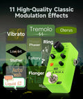 Mini Modulation Pedal With 11 Classic Effects Chorus Flanger Tremolo Phaser Vibrato Rotary Liquid Auto Wah Stutter Ring Low Bit Durable Metal Shell Tiny But Mighty Portable For Stage And Studio Use Pedalboard Friendly in green color with control knobs and footswitch