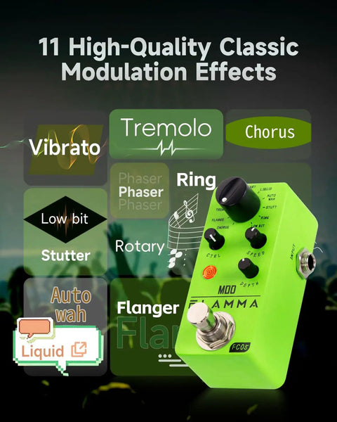 Mini Modulation Pedal With 11 Classic Effects Chorus Flanger Tremolo Phaser Vibrato Rotary Liquid Auto Wah Stutter Ring Low Bit Durable Metal Shell Tiny But Mighty Portable For Stage And Studio Use Pedalboard Friendly in green color with control knobs and footswitch