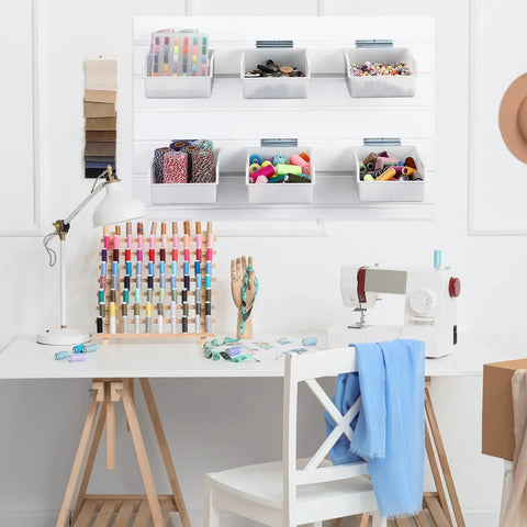 Six Pack Slatwall Bins With Hooks Set For Wall Mounted Storage Handy Organizer Containers in a craft room with supplies