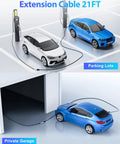 J1772 EV Extension Cable 21Ft 32A Charger Extension Cord 110V-240V extending between EVs in parking lot and private garage settings.