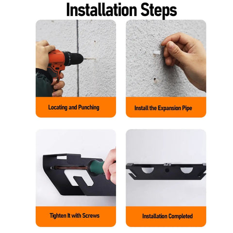Installation steps for Vertical Wall Mount Angle Grinder Holder Thickened Alloy Steel Rack, including drilling and securing to wall