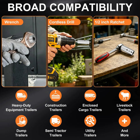 Image showing compatibility of Top Shelf Trailer Jack Drill Adapter with various tools including wrench, cordless drill, and ratchet.