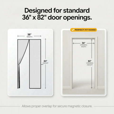 Diagram showing dimensions of Magnetic Screen Door Self Sealing Heavy Duty Hands Free Mesh Barrier for Pets and Kids Keeps Bugs Out No Fuss Patent Pending Keep Open Feature 38x83 Inch Opening Fits 36x82 Inch Doors.