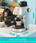 Premium Home Espresso Machine With Built In Milk Frother And Rapid Steam Wand For Bold Slick Coffee Shots Creamy Diner Style Lattes And Effortless Weekend Brews Right On Your Kitchen Counter on a countertop, showing compact design and brushed metal finish.
