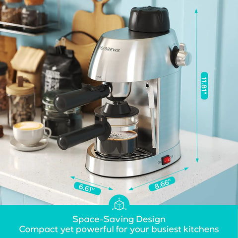 Premium Home Espresso Machine With Built In Milk Frother And Rapid Steam Wand For Bold Slick Coffee Shots Creamy Diner Style Lattes And Effortless Weekend Brews Right On Your Kitchen Counter on a countertop, showing compact design and brushed metal finish.