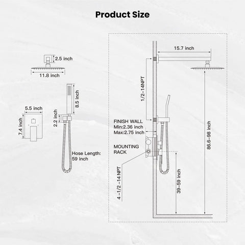 Dimensions of 12 Inch Rainfall Shower Head And Wall Mounted Shower System With Solid Brass Pressure Balancing Valve And Handheld Handle