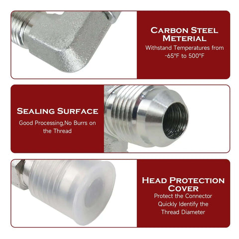 Top Tier 5PC 3/8 Inch Hydraulic Swivel Elbow Fitting Kit With Stainless Steel Corrosion Proof JIC Male Female Connectors For Heavy Duty Pipe Systems And Industrial Machinery Repairs That Hit Hard close-up carbon steel fitting with thread cover