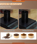 Top Shelf Precision Electric Single Dose Coffee Grinder Featuring Stepless Adjustment grinding coffee beans on a scale before and after.