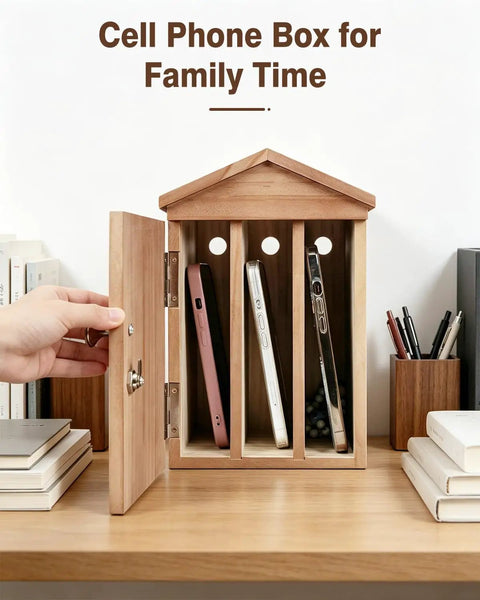 House Shaped Pine Wood Phone Lock Box Stores Six Devices Screen Free Zone For Lowkey Hangouts And Weekend Game Nights Natural Distraction Blocker Phone Jail For Groups with open door showing three smartphones