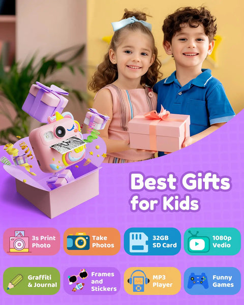 Kids Camera With Instant Print For Girls Ages 3 12 2.4 Inch HD Screen 1080P Video Music MP3 Player Games Multi Language Printable Photos Pink Gift For Christmas Birthday, pink kids instant print camera with gift box