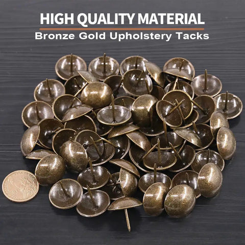 Top Shelf 100 Pack Bronze Upholstery Tacks 1 Inch Furniture Nails assorted bronze tacks for fabric and wood, visible on black surface.