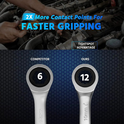 Comparison of 10-Piece Ratcheting Wrench Set With Rack Organizer, SAE And Metric, 6 vs 12 contact points for gripping advantage