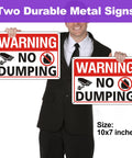 No Nonsense Heavy Duty No Dumping Signs 2 Pack Stand Your Ground On Private Property Video Surveillance Alert Reflective Aluminum Weatherproof Built Like A Tank 10X7 Red White, man holding two signs