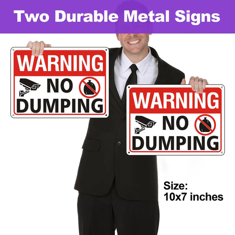 No Nonsense Heavy Duty No Dumping Signs 2 Pack Stand Your Ground On Private Property Video Surveillance Alert Reflective Aluminum Weatherproof Built Like A Tank 10X7 Red White, man holding two signs