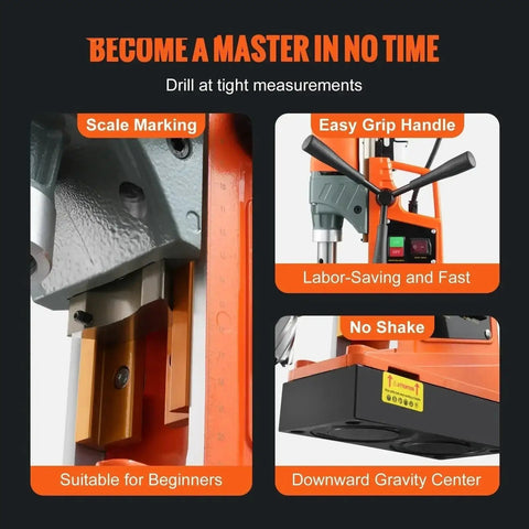 Heavy Duty 1450W Magnetic Drill Press With 2 Inch Boring Capacity And 12500/12800N Magnetic Pull, showcasing scale marking, easy grip handle, and stable base.