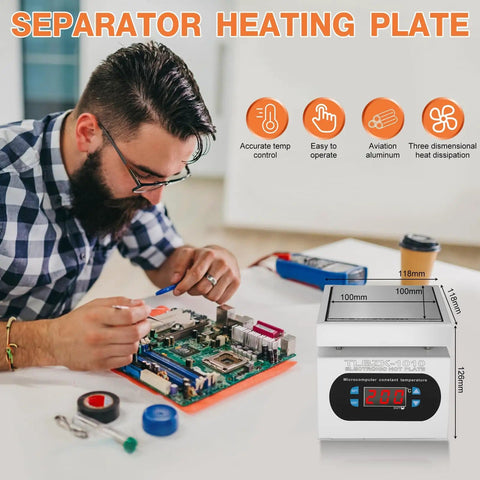 Technician using 350W 110V Soldering Station Hot Plate With LED Microcomputer Control Preheat Rework Heater 100x100mm Aluminum Plate