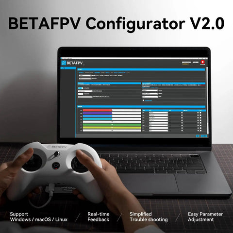 Hands holding LiteRadio 3 Remote Control Transmitter With Nano Bay For External TX Module And FPV Simulator Configurator in front of laptop screen displaying BETAFPV Configurator V2.0