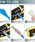 All In One RJ45 Pass Through Ethernet Crimp Tool Kit For Cat5 Cat5e Cat6 Cables RJ11 RJ12 Compatible With Wire Stripping Cutting And Crimping Heavy Duty Aluminum Crimper Ideal For Home Office DIY Network Installations instructions