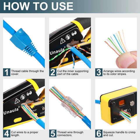 All In One RJ45 Pass Through Ethernet Crimp Tool Kit For Cat5 Cat5e Cat6 Cables RJ11 RJ12 Compatible With Wire Stripping Cutting And Crimping Heavy Duty Aluminum Crimper Ideal For Home Office DIY Network Installations instructions