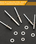 500 Piece 304 Stainless Steel Pop Rivets Kit With Washers And Case 9 SAE Sizes From 3/16 Inch To 1 Inch Assorted Blind Rivets