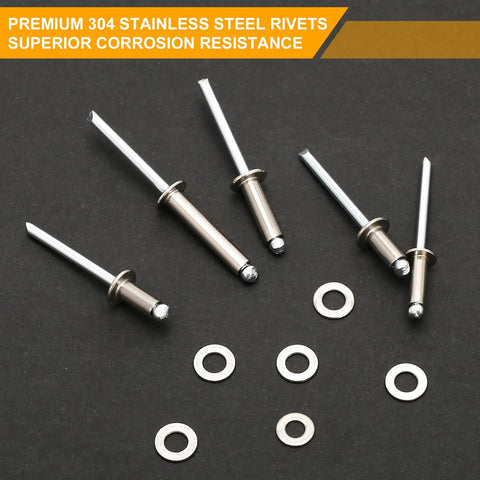500 Piece 304 Stainless Steel Pop Rivets Kit With Washers And Case 9 SAE Sizes From 3/16 Inch To 1 Inch Assorted Blind Rivets