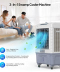 Heavy Duty 13.2 Gallon Evaporative Air Cooler And Portable Swamp Fan With Remote 4100 CFM Airflow in living room setting.