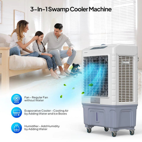 Heavy Duty 13.2 Gallon Evaporative Air Cooler And Portable Swamp Fan With Remote 4100 CFM Airflow in living room setting.