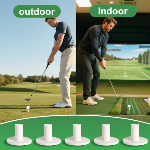 Pro Grade Adjustable Rubber Golf Tees For Mats And Indoor Outdoor Practice With Non Slip Holder Heavy Duty 1.5 Inch Height Tees Easy Setup For Driving Range And Golf Simulators White 5 Pack with golfer practicing indoor and outdoor