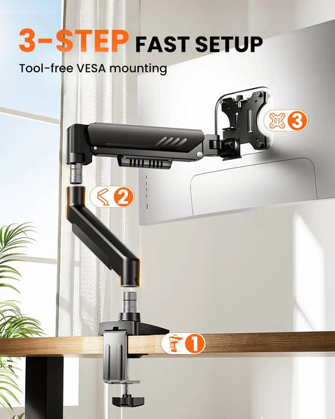 Fully Adjustable Monitor Arm For 13 To 34 Inch Monitors With Tool Free VESA Mount, Cable Management, installed on desk