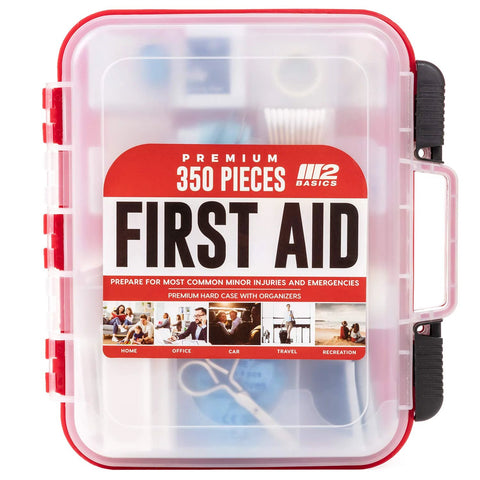 Front view of M2 BASICS 350-piece first aid kit in a clear, red-trimmed wall-mountable hard case.