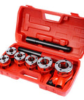 Ratcheting Pipe Threader Kit With Six Dies For One Quarter, Three Eighths, One Half, Three Quarters, One, And One And Quarter Inch Pipes, Heavy Duty Threading Tool Set With Durable Storage Case shown with red case open.