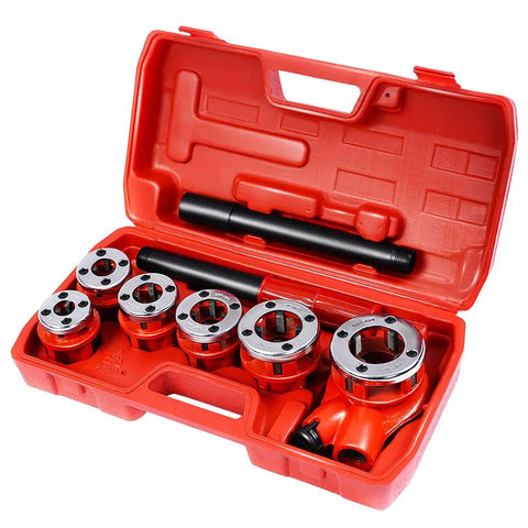 Ratcheting Pipe Threader Kit With Six Dies For One Quarter, Three Eighths, One Half, Three Quarters, One, And One And Quarter Inch Pipes, Heavy Duty Threading Tool Set With Durable Storage Case shown with red case open.