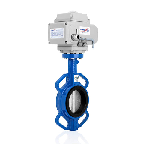 4 Inch DN100 Wafer Butterfly Valve With 110V AC Actuator, Stainless Steel AISI 304 Body, EPDM Seat, GGG40.3, For Water And Air, Beefed Up Industrial Grade Flow Control Valve, Optional 24V DC Actuator And 4 To 20 mA Proportional Control on blue body