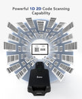 Portable Bluetooth Barcode Scanner With 3000mAh Battery For 1D 2D QR Codes Compatible With iPad Tablet iPhone And Android Phones Wireless UPC Reader shown scanning multiple barcodes.
