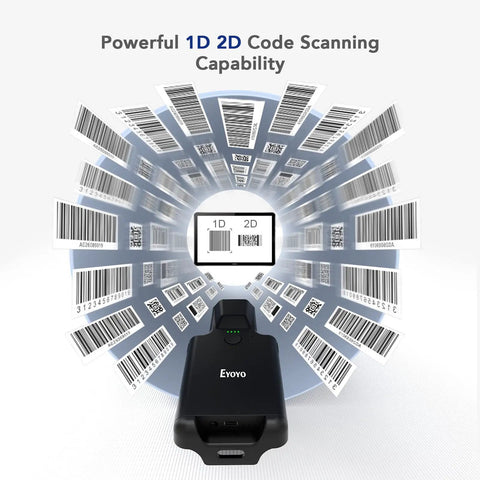 Portable Bluetooth Barcode Scanner With 3000mAh Battery For 1D 2D QR Codes Compatible With iPad Tablet iPhone And Android Phones Wireless UPC Reader shown scanning multiple barcodes.