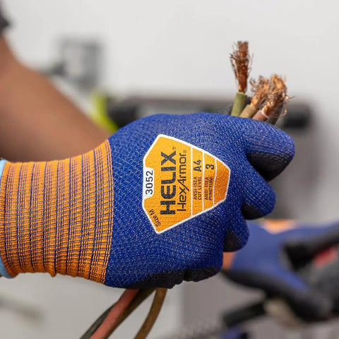 Person wearing Unrivaled Comfort Gloves With Ultra Thin Four Way Stretch Knit A4 Cut And Abrasion Resistant No Sweat Hi Vis Safety for work