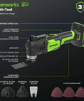 Green 24V Cordless Oscillating Multi Tool With 6 Speed Settings 18,000 OPM For Cutting Scraping Sanding Nailing shown with accessories