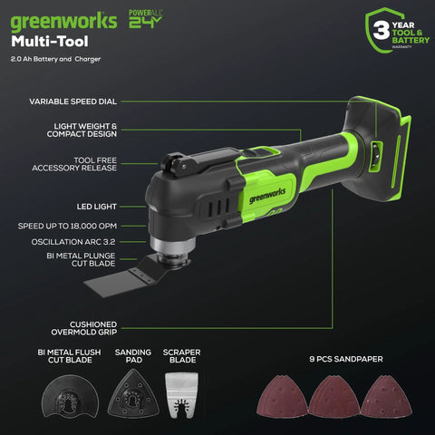 Green 24V Cordless Oscillating Multi Tool With 6 Speed Settings 18,000 OPM For Cutting Scraping Sanding Nailing shown with accessories