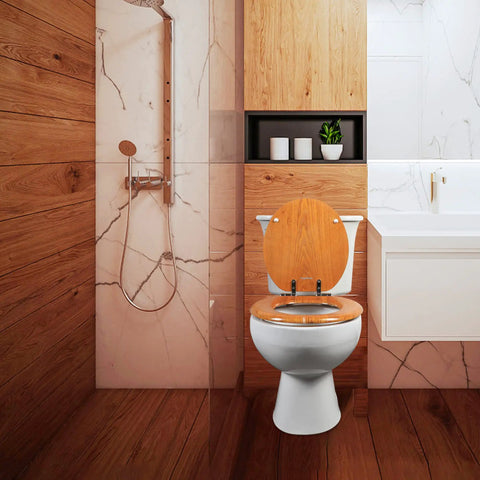 Wood Veneer Round Toilet Seat With Quiet Close Easy Clean Surface Quick Release Hinges Natural Finish Durable Comfy Easy Install Anti Slip Fits All American Toilet Brands installed in modern bathroom.