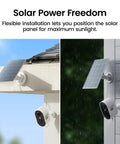 Two views of solar security cameras wireless outdoor home system with true 2K HD video, flexible solar panel installation.